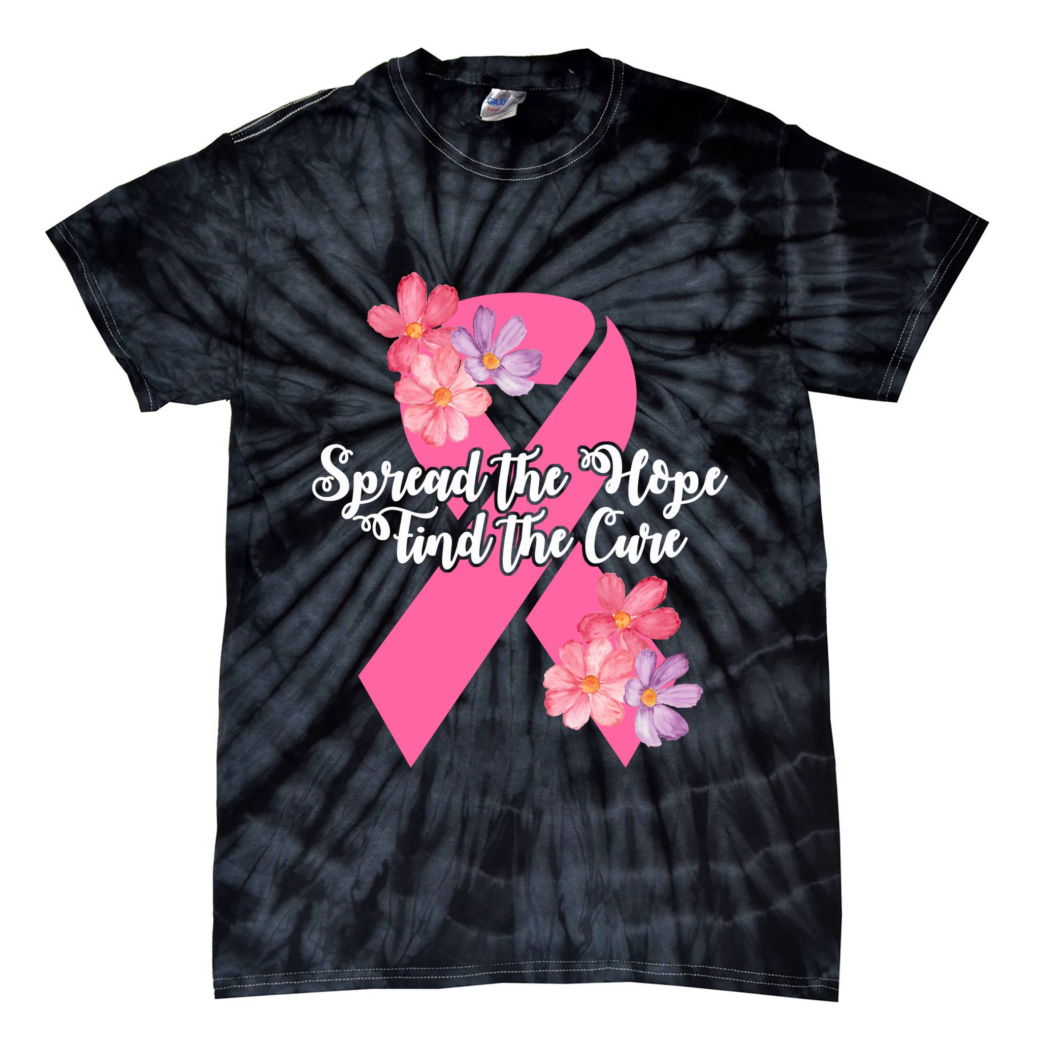 Spread The Hope Find The Cure Breast Cancer Floral Ribbon Tie-Dye T-Shirt