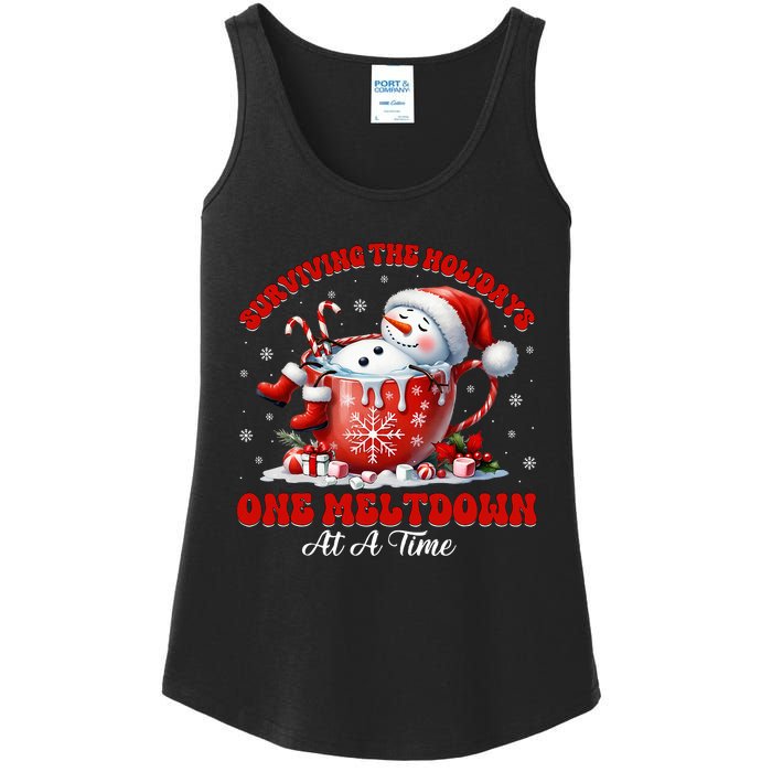 Surviving The Holidays One Meltdown Funny Christmas Snowman Ladies Essential Tank