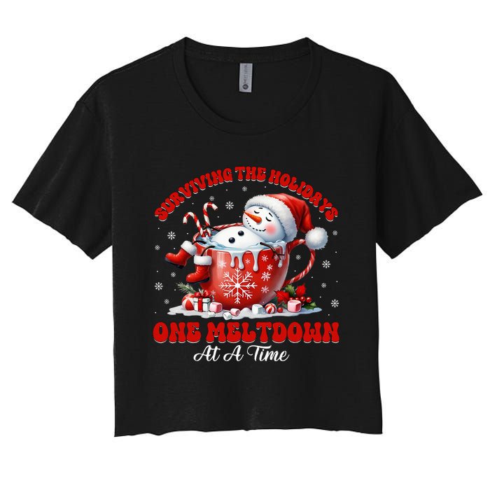 Surviving The Holidays One Meltdown Funny Christmas Snowman Women's Crop Top Tee