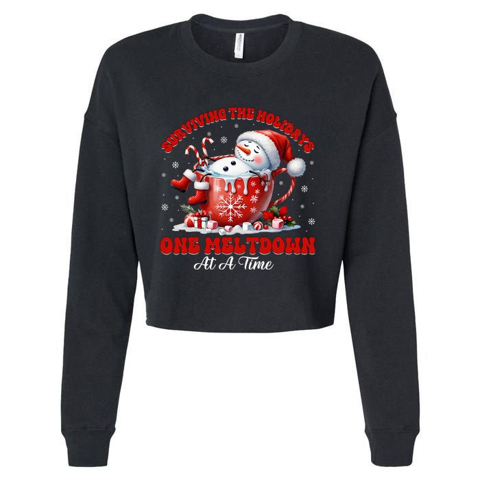 Surviving The Holidays One Meltdown Funny Christmas Snowman Cropped Pullover Crew