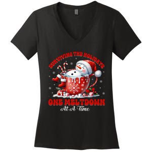 Surviving The Holidays One Meltdown Funny Christmas Snowman Women's V-Neck T-Shirt