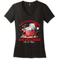 Surviving The Holidays One Meltdown Funny Christmas Snowman Women's V-Neck T-Shirt