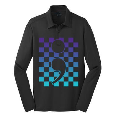 Semicolon Tal Health Matters Awareness Retro Checkered Cool Gift Silk Touch Performance Long Sleeve Polo