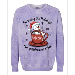 Surviving The Holidays One Meltdown At A Time Christmas Snowman Hot Cocoa Colorblast Crewneck Sweatshirt