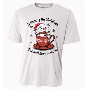 Surviving The Holidays One Meltdown At A Time Christmas Snowman Hot Cocoa Cooling Performance Crew T-Shirt