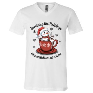 Surviving The Holidays One Meltdown At A Time Christmas Snowman Hot Cocoa V-Neck T-Shirt