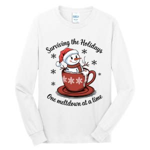 Surviving The Holidays One Meltdown At A Time Christmas Snowman Hot Cocoa Tall Long Sleeve T-Shirt