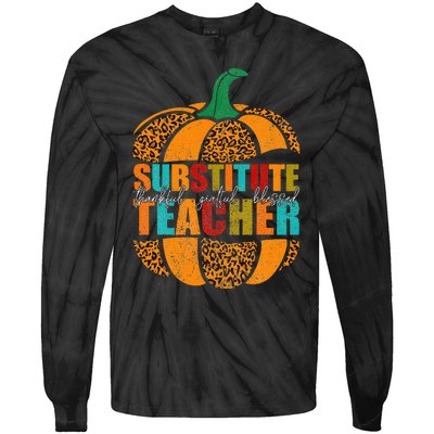 Substitute Teacher Halloween Thankful Grateful Pumpkin Tie-Dye Long Sleeve Shirt