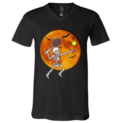 Skeleton Tennis Halloween Racket Ball V-Neck T-Shirt