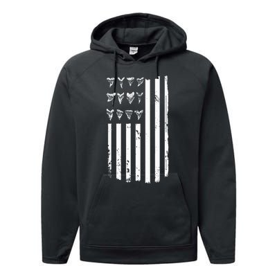 Shark Tooth Hunting American Flag Design For Fossil Hunter Performance Fleece Hoodie