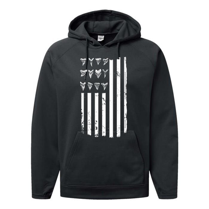 Shark Tooth Hunting American Flag Design For Fossil Hunter Performance Fleece Hoodie