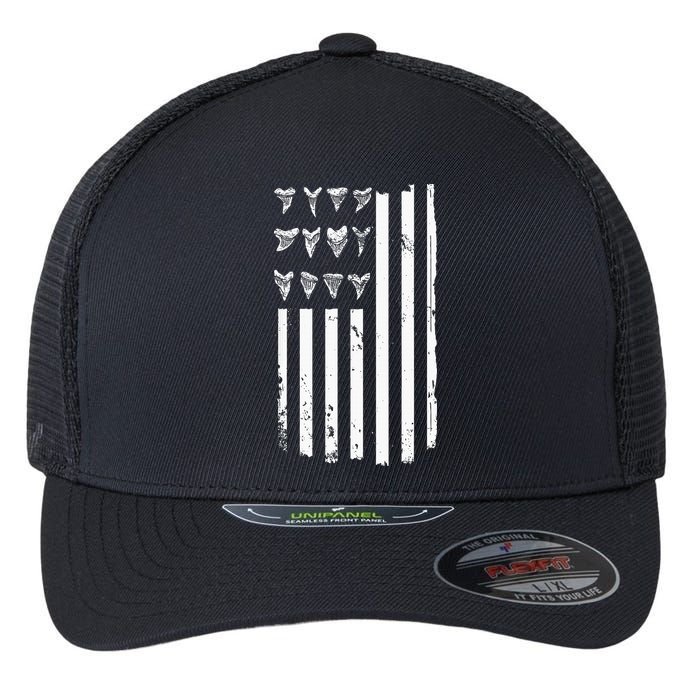 Shark Tooth Hunting American Flag Design For Fossil Hunter Flexfit Unipanel Trucker Cap