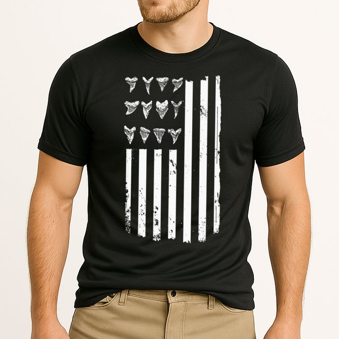 Shark Tooth Hunting American Flag Design For Fossil Hunter Performance Shirt