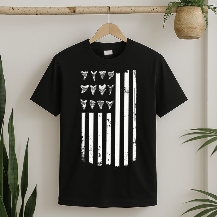 Shark Tooth Hunting American Flag Design For Fossil Hunter T-Shirt