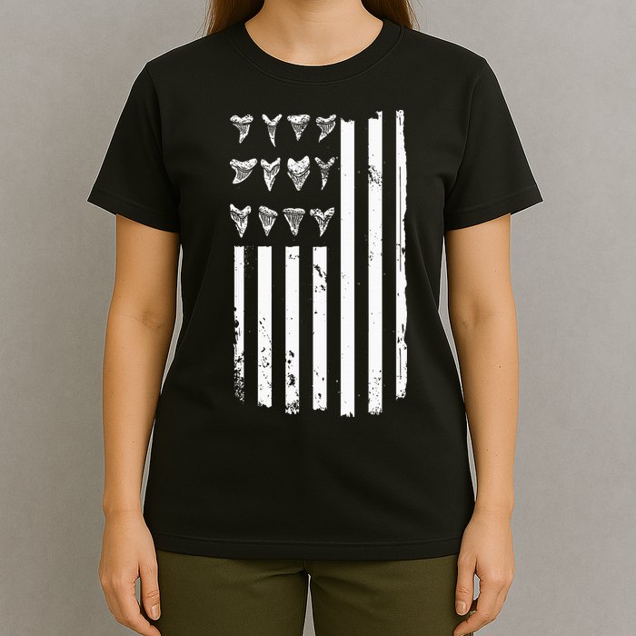 Shark Tooth Hunting American Flag Design For Fossil Hunter T-Shirt