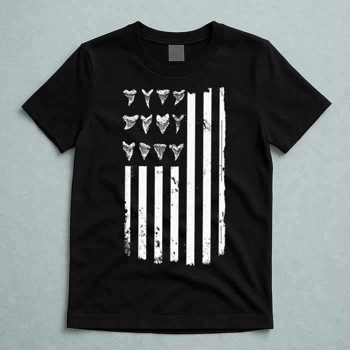 Shark Tooth Hunting American Flag Design For Fossil Hunter T-Shirt