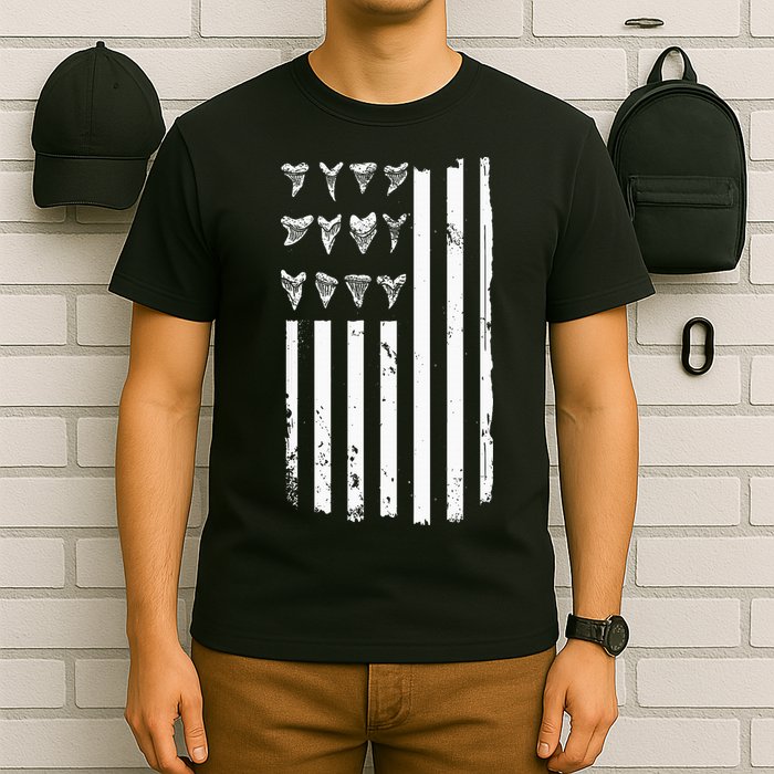 Shark Tooth Hunting American Flag Design For Fossil Hunter T-Shirt