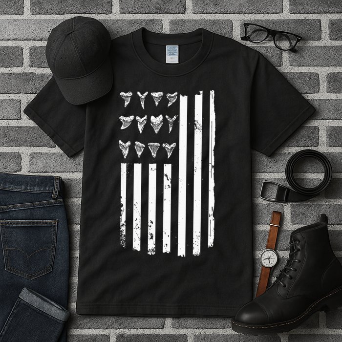 Shark Tooth Hunting American Flag Design For Fossil Hunter Tall T-Shirt