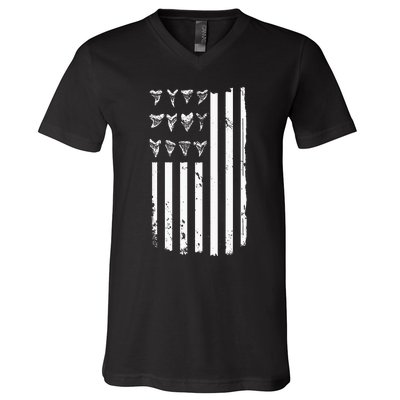 Shark Tooth Hunting American Flag Design For Fossil Hunter V-Neck T-Shirt