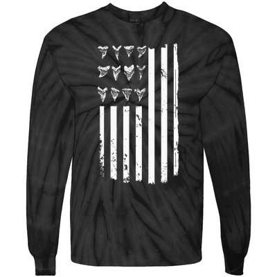 Shark Tooth Hunting American Flag Design For Fossil Hunter Tie-Dye Long Sleeve Shirt