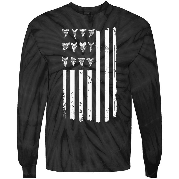 Shark Tooth Hunting American Flag Design For Fossil Hunter Tie-Dye Long Sleeve Shirt