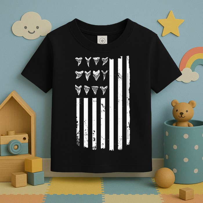 Shark Tooth Hunting American Flag Design For Fossil Hunter Toddler T-Shirt
