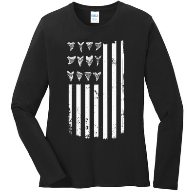 Shark Tooth Hunting American Flag Design For Fossil Hunter Ladies Long Sleeve Shirt