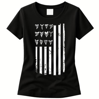 Shark Tooth Hunting American Flag Design For Fossil Hunter Womens T-Shirt