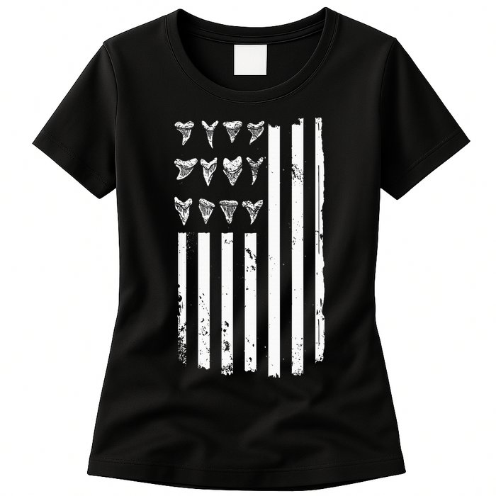 Shark Tooth Hunting American Flag Design For Fossil Hunter Womens T-Shirt