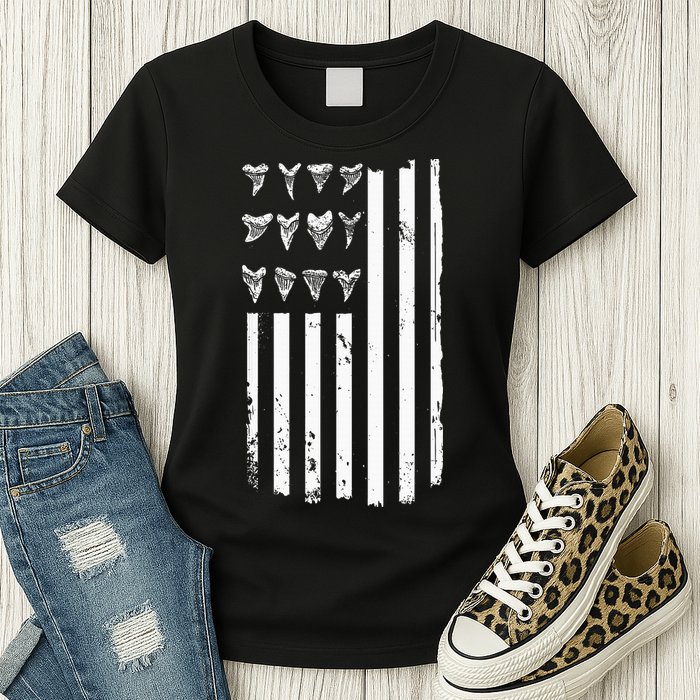 Shark Tooth Hunting American Flag Design For Fossil Hunter Womens T-Shirt