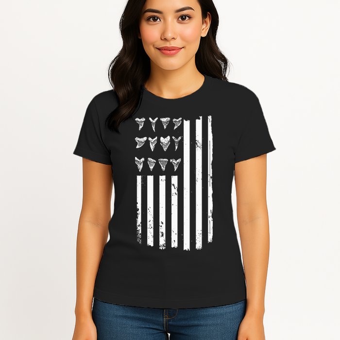Shark Tooth Hunting American Flag Design For Fossil Hunter Womens T-Shirt