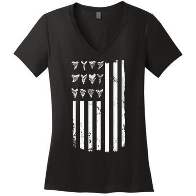 Shark Tooth Hunting American Flag Design For Fossil Hunter Women's V-Neck T-Shirt