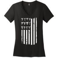 Shark Tooth Hunting American Flag Design For Fossil Hunter Women's V-Neck T-Shirt
