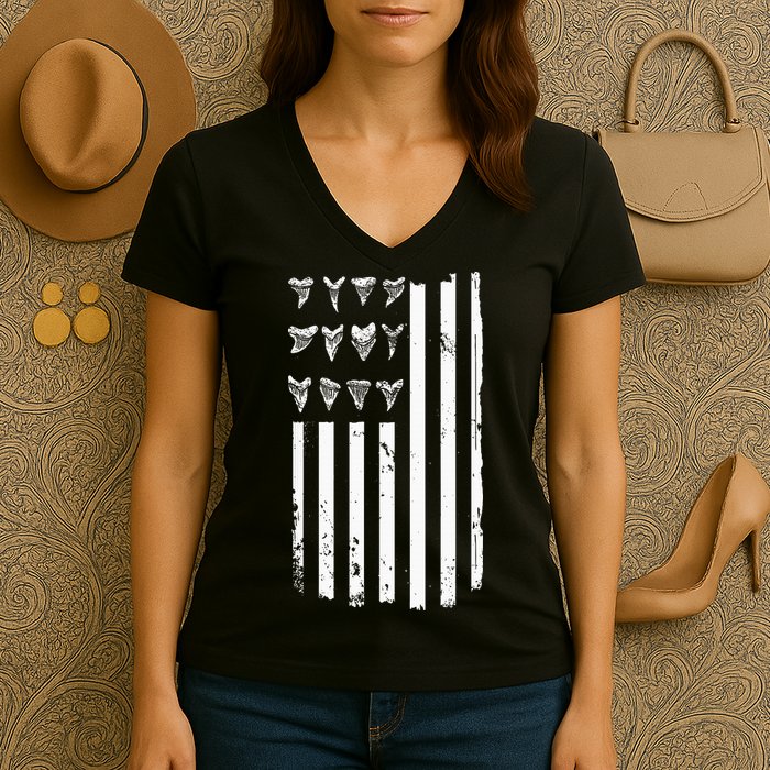 Shark Tooth Hunting American Flag Design For Fossil Hunter Women's V-Neck T-Shirt