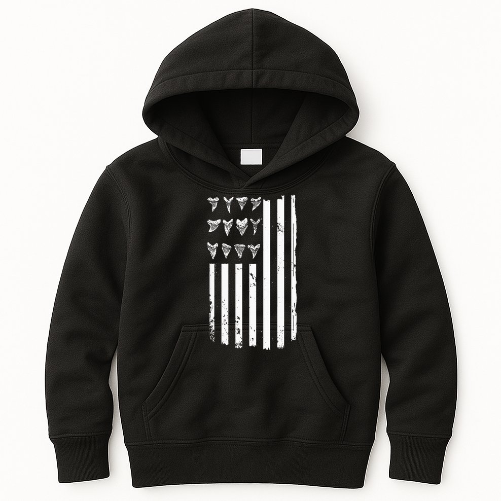 Shark Tooth Hunting American Flag Design For Fossil Hunter Kids Hoodie