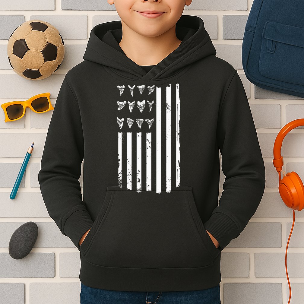 Shark Tooth Hunting American Flag Design For Fossil Hunter Kids Hoodie