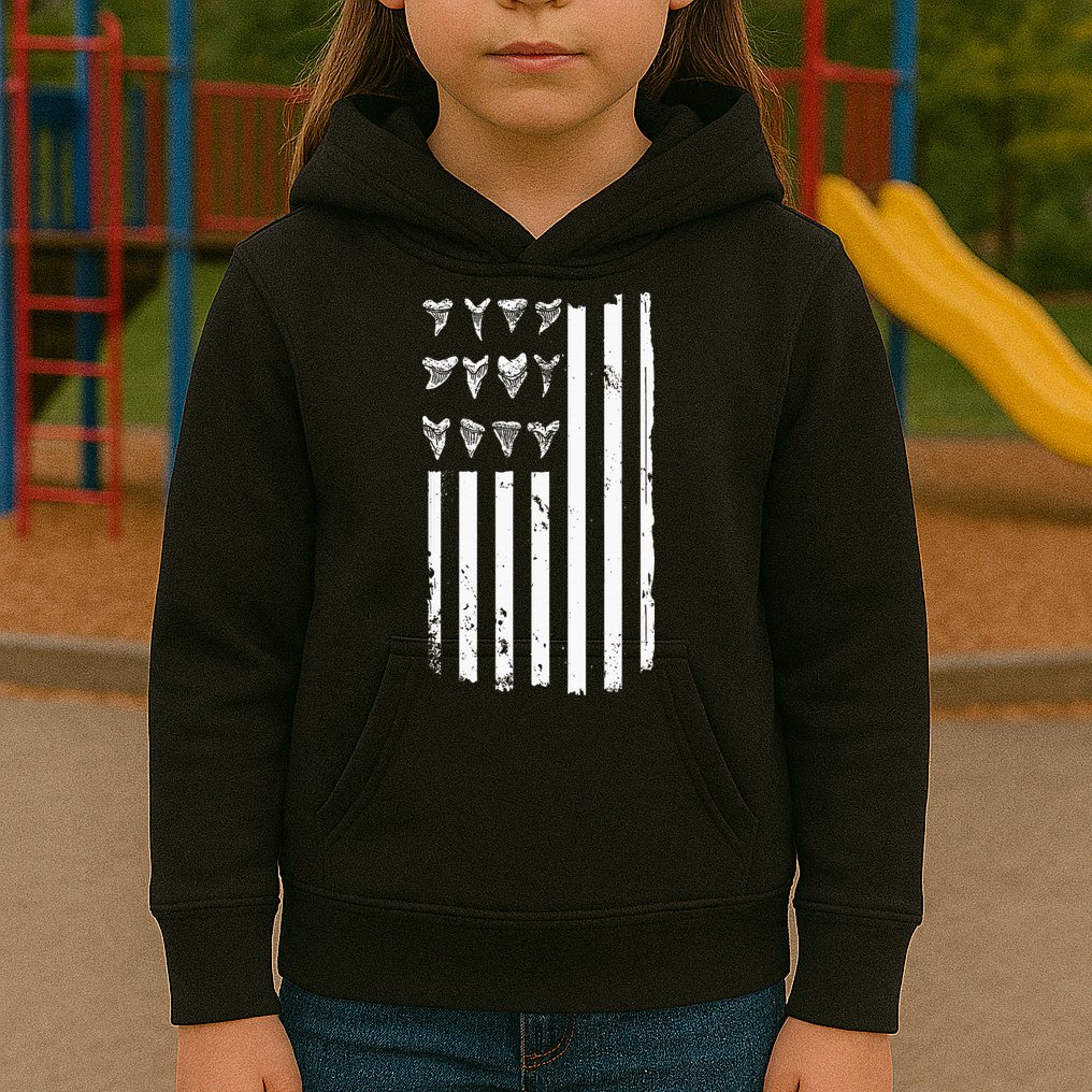 Shark Tooth Hunting American Flag Design For Fossil Hunter Kids Hoodie