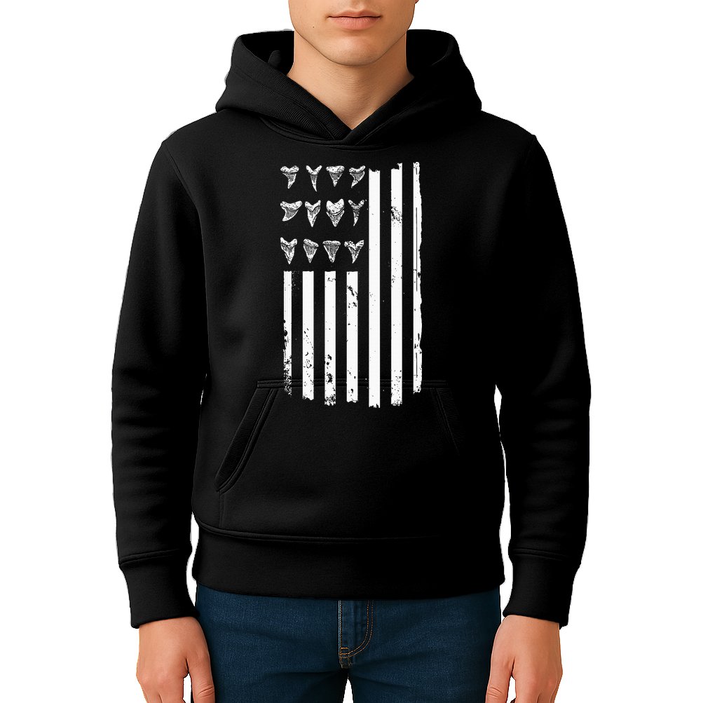 Shark Tooth Hunting American Flag Design For Fossil Hunter Kids Hoodie