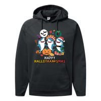 Shark Thanksgiving Happy Hallothanksmas Christmas Halloween Performance Fleece Hoodie