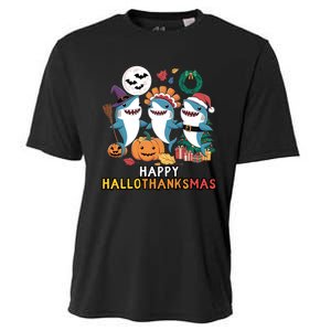 Shark Thanksgiving Happy Hallothanksmas Christmas Halloween Cooling Performance Crew T-Shirt