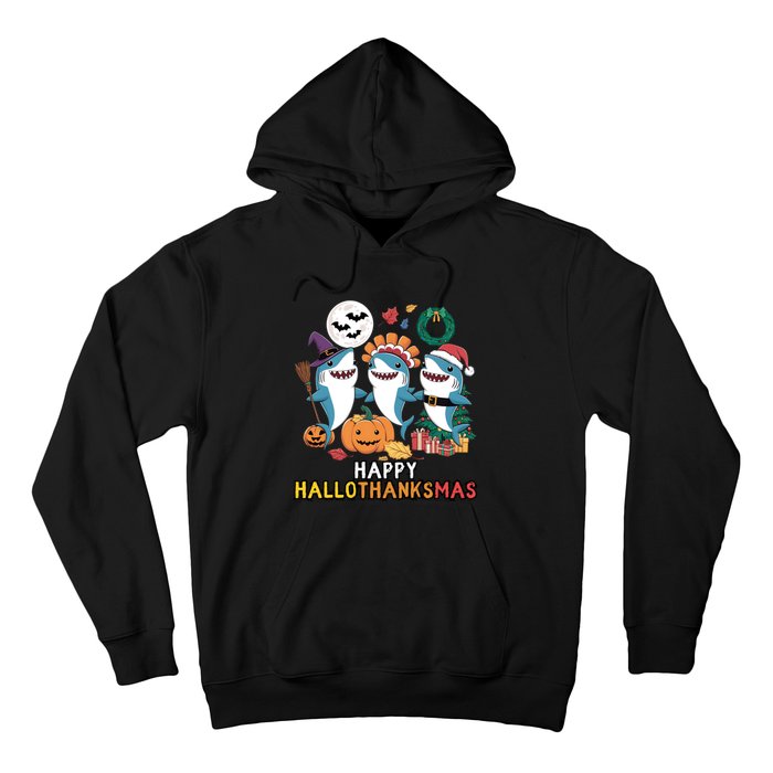 Shark Thanksgiving Happy Hallothanksmas Christmas Halloween Hoodie