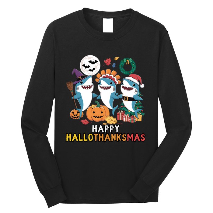 Shark Thanksgiving Happy Hallothanksmas Christmas Halloween Long Sleeve Shirt