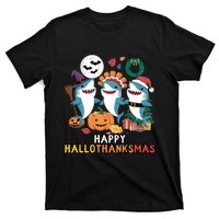 Shark Thanksgiving Happy Hallothanksmas Christmas Halloween T-Shirt