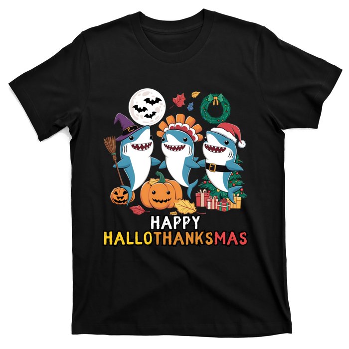 Shark Thanksgiving Happy Hallothanksmas Christmas Halloween T-Shirt