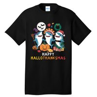 Shark Thanksgiving Happy Hallothanksmas Christmas Halloween Tall T-Shirt