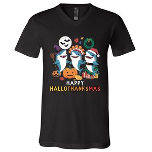 Shark Thanksgiving Happy Hallothanksmas Christmas Halloween V-Neck T-Shirt