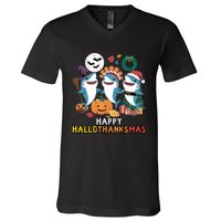 Shark Thanksgiving Happy Hallothanksmas Christmas Halloween V-Neck T-Shirt