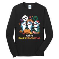 Shark Thanksgiving Happy Hallothanksmas Christmas Halloween Tall Long Sleeve T-Shirt