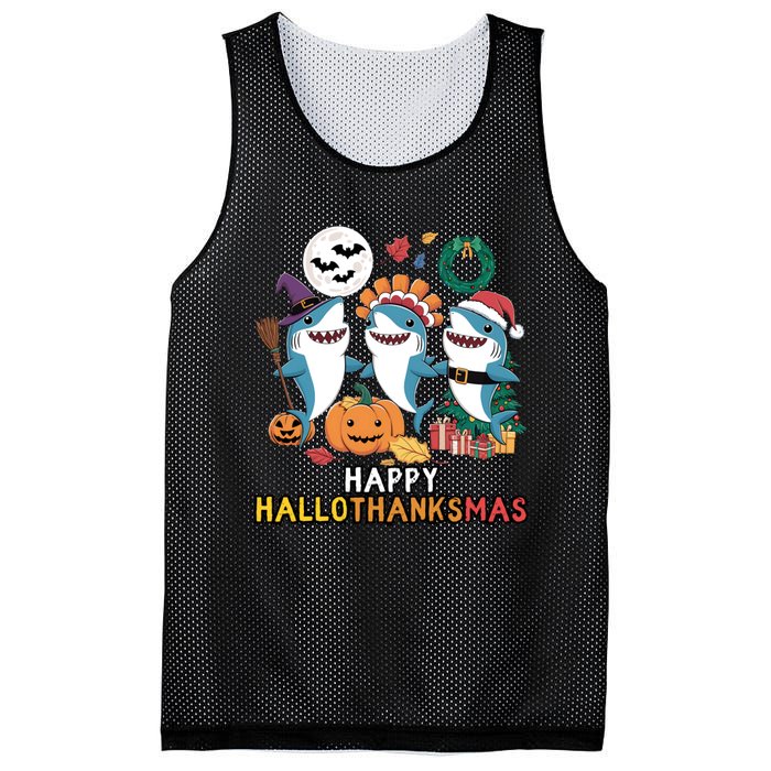 Shark Thanksgiving Happy Hallothanksmas Christmas Halloween Mesh Reversible Basketball Jersey Tank