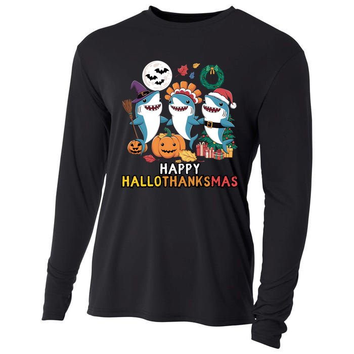 Shark Thanksgiving Happy Hallothanksmas Christmas Halloween Cooling Performance Long Sleeve Crew